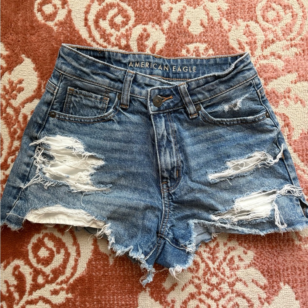 American Eagle Outfitters Blue Jean Shorts with Distressed Details